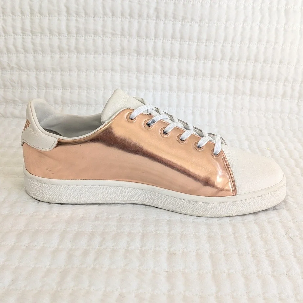 Emporio Armani Logo Print Lace Up Leather Casual Sneakers‎ Rose Gold White US 6
